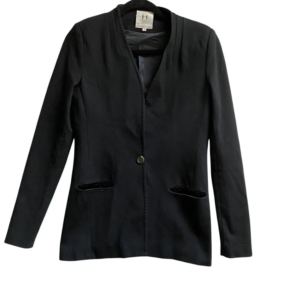 Halston Heritage silk lined one button classic black blazer Sz 2